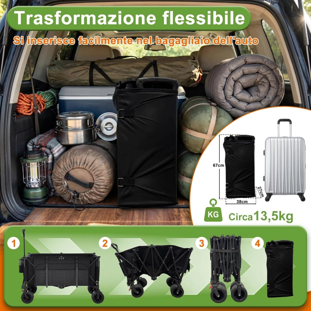 260L carrello spiaggia 200kg carrello con ruote portatutto grandi,carrellos pieghevole Con Braccioli Regolabili e Tasche Laterali per Giardino Campeggio all'aperto Ogni Tipo di Terreno, Nero