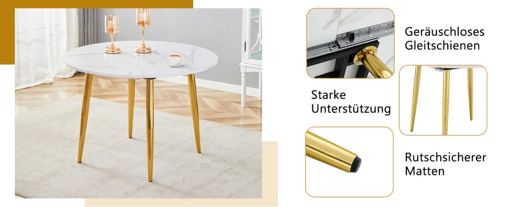 Tavolo da pranzo allungabile rotondo con piano in MDF e gambe in metallo, moderno, con bordi arrotondati, bianco