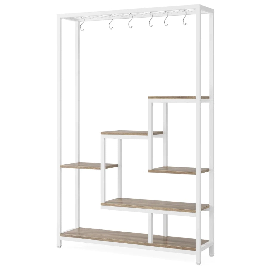 Portapiante a 5 livelli con 7 ripiani in metallo e legno beige e bianco