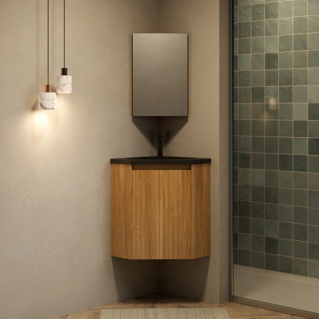 MOBILE BAGNO ANGOLARE 38 cm con lavabo integrato in resina nero e legno naturale