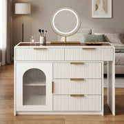 Toeletta, piano in vetro, specchio con illuminazione a LED, allungabile, 75x90-160x40 cm, bianco