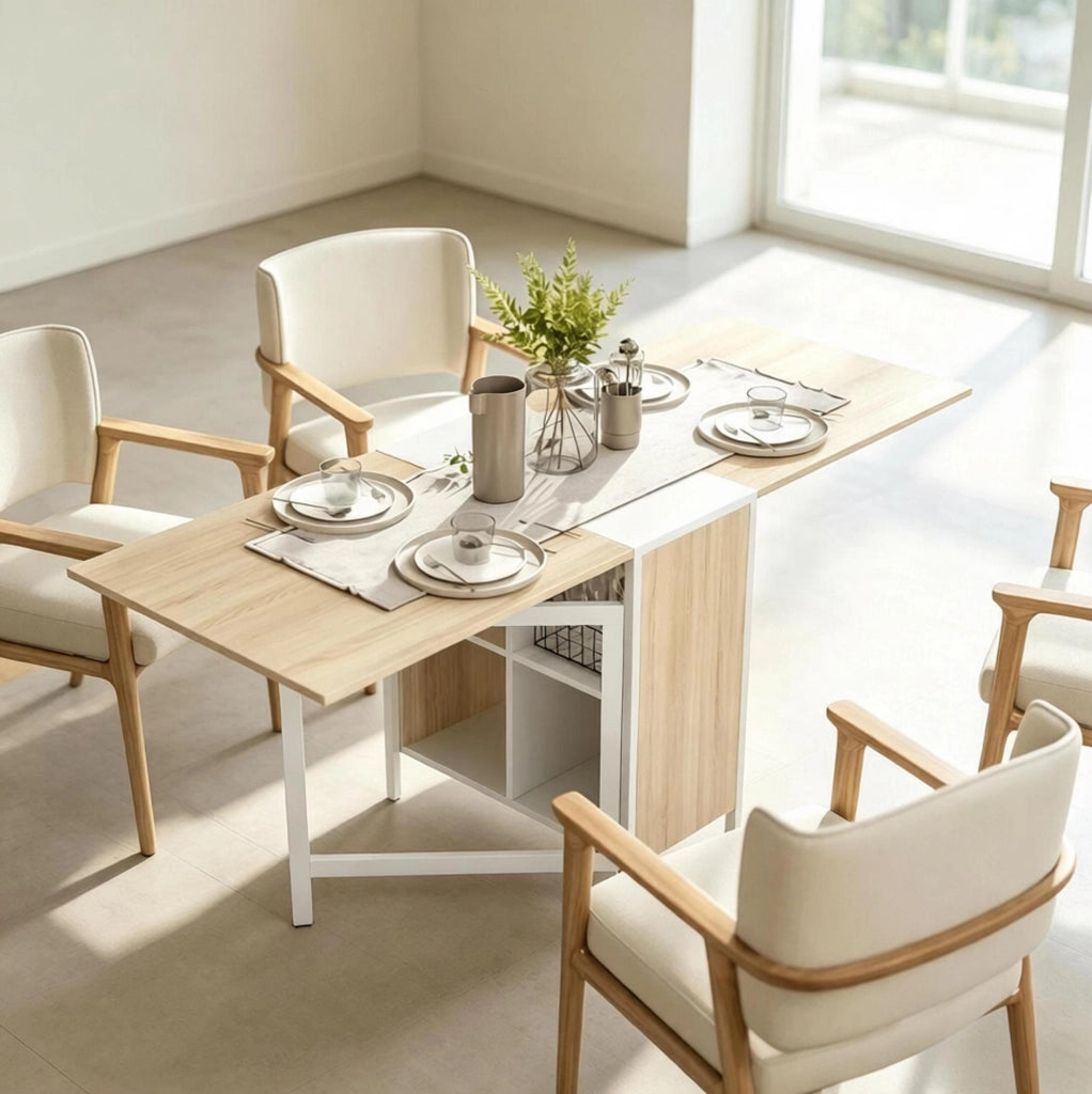 Tavolo pieghevole allungabile con 4 vani contenitore; 170x60 cm; bianco e rovere chiaro