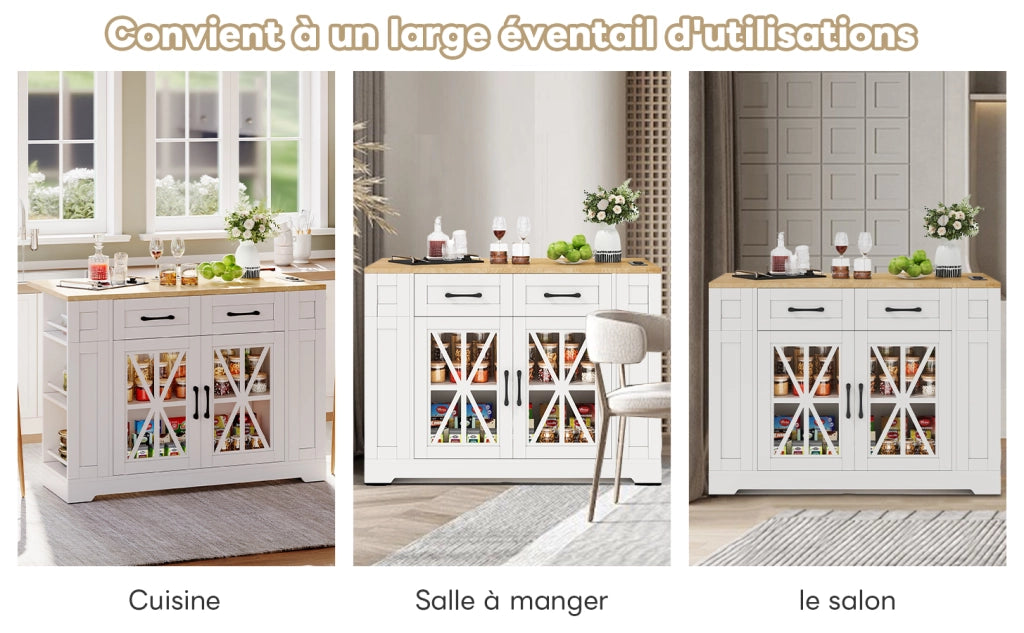 Isola cucina con piano ribaltabile, 2 ante in vetro, 2 cassetti, ripiani aperti, prese elettriche e USB, su ruote