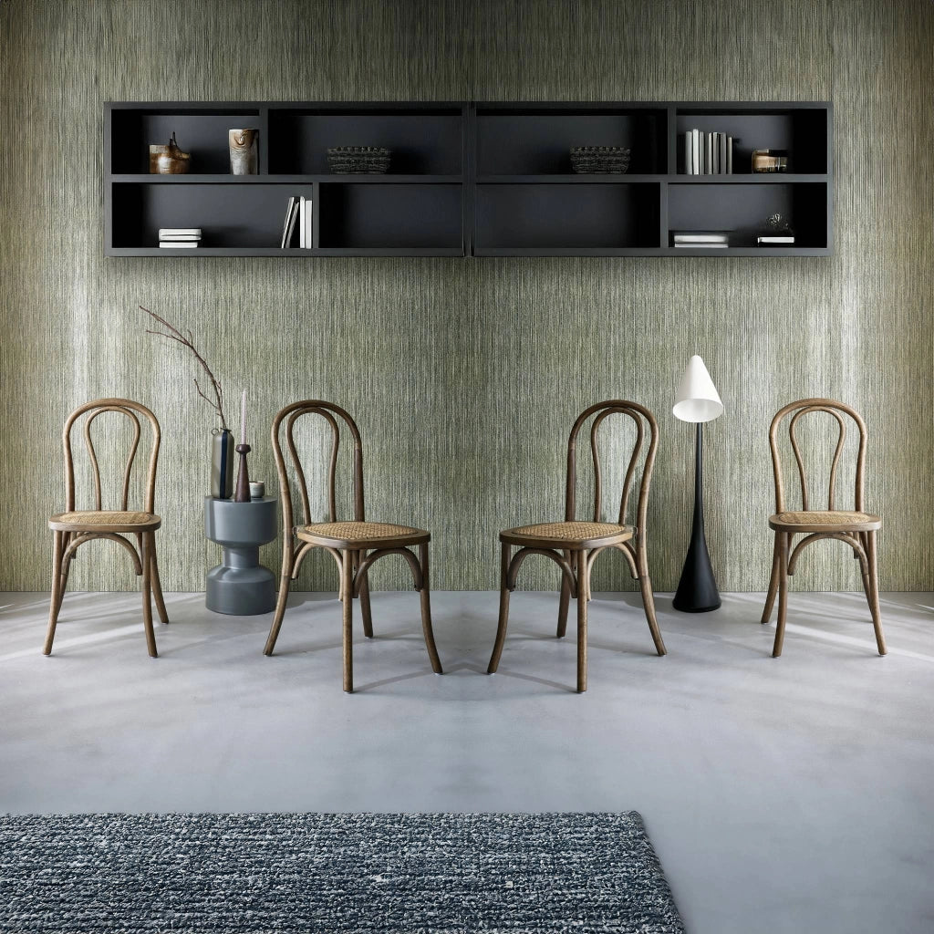 Set di 4 sedie vintage in legno e rattan, marrone