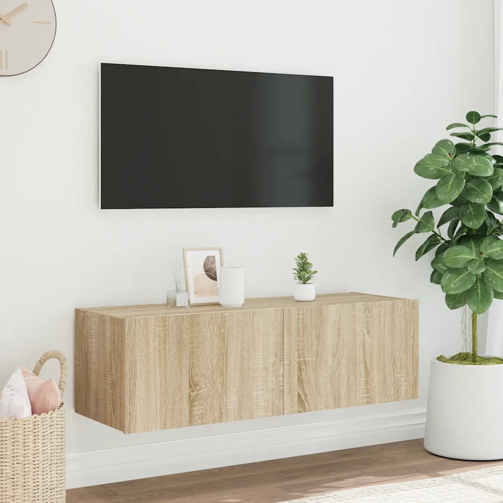 Mobile TV a Parete con Luci LED-Mobile TV a Muro Rovere Sonoma 100x35x31 cm