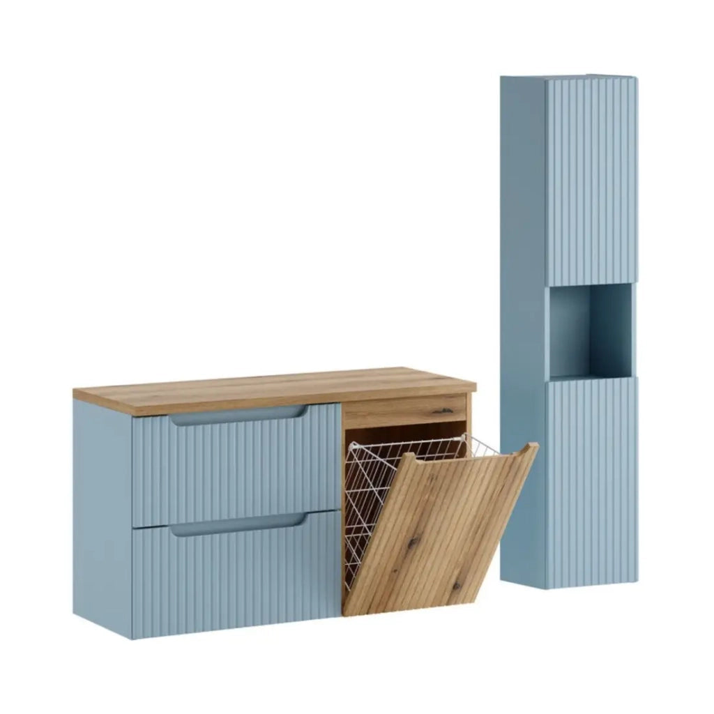 Set VANO blu denim e rovere chiaro 130cm: mobile sottolavabo con cassetti e cesto per la biancheria + piano per lavabo + colonna