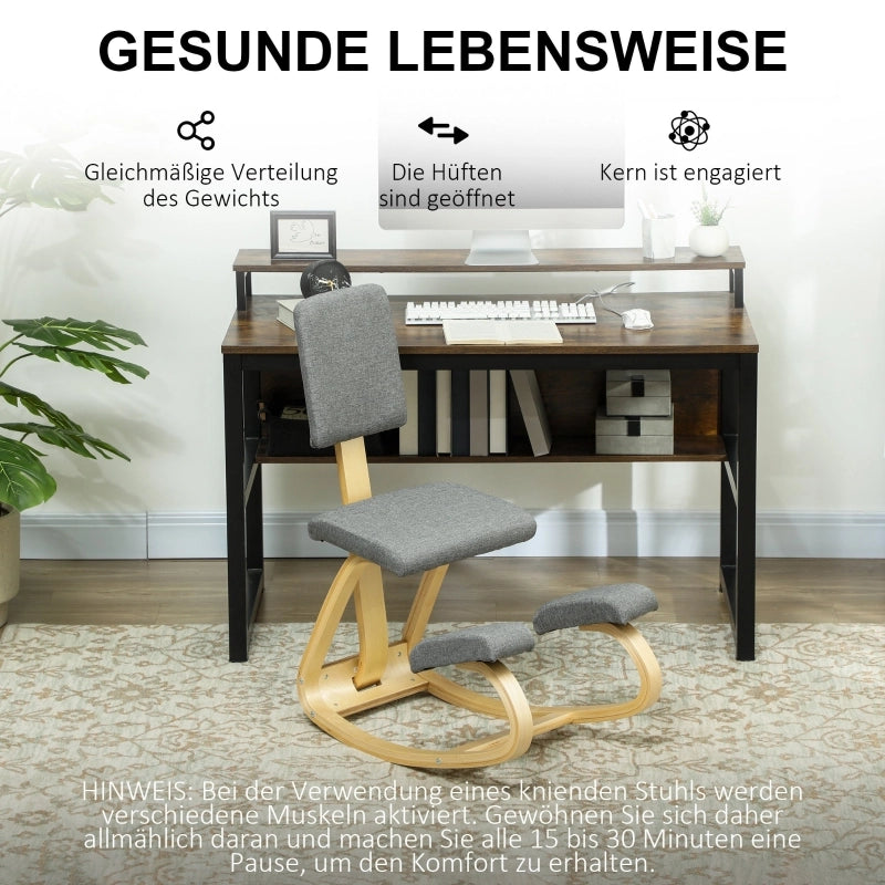 Sedia ergonomica inginocchiata con schienale e base oscillante in legno di betulla e poliestere grigio