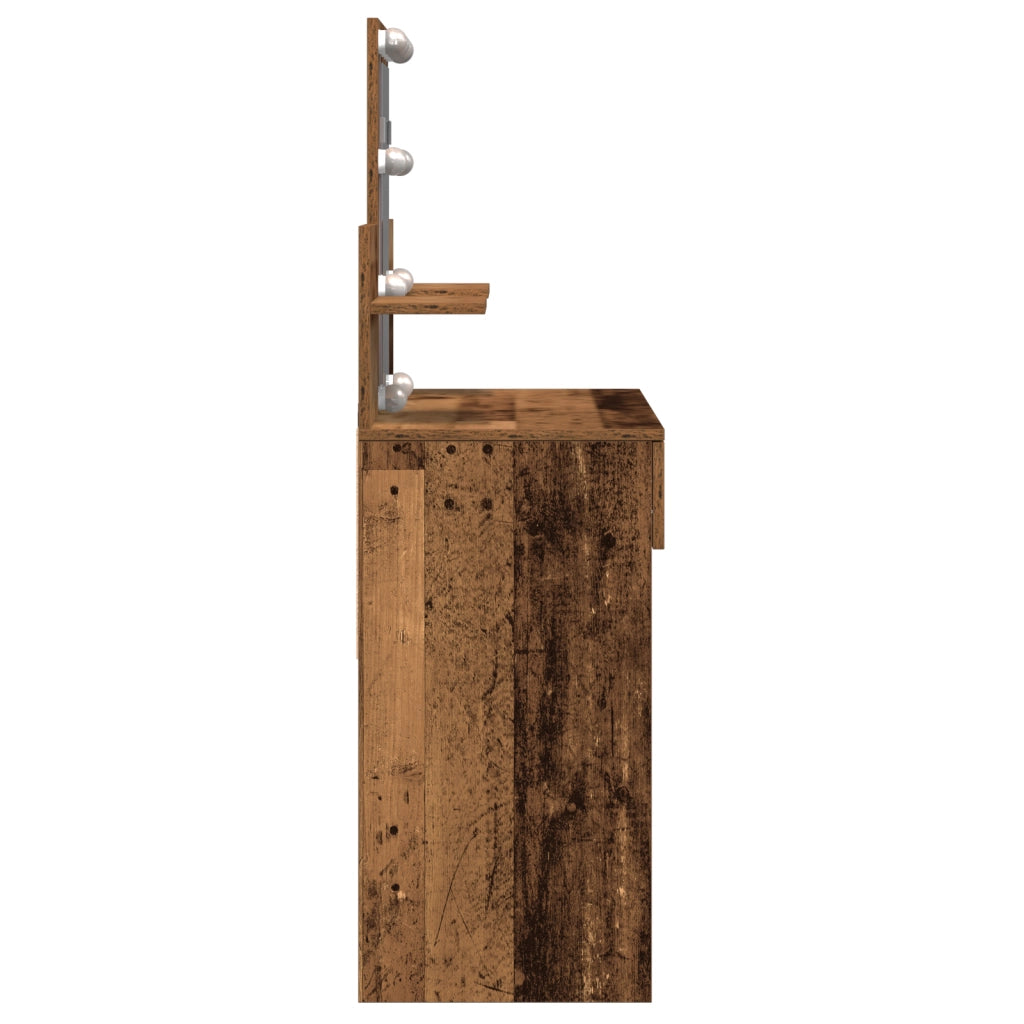 Tavolo da trucco con specchio e luci LED in legno vecchio e legno ingegnerizzato