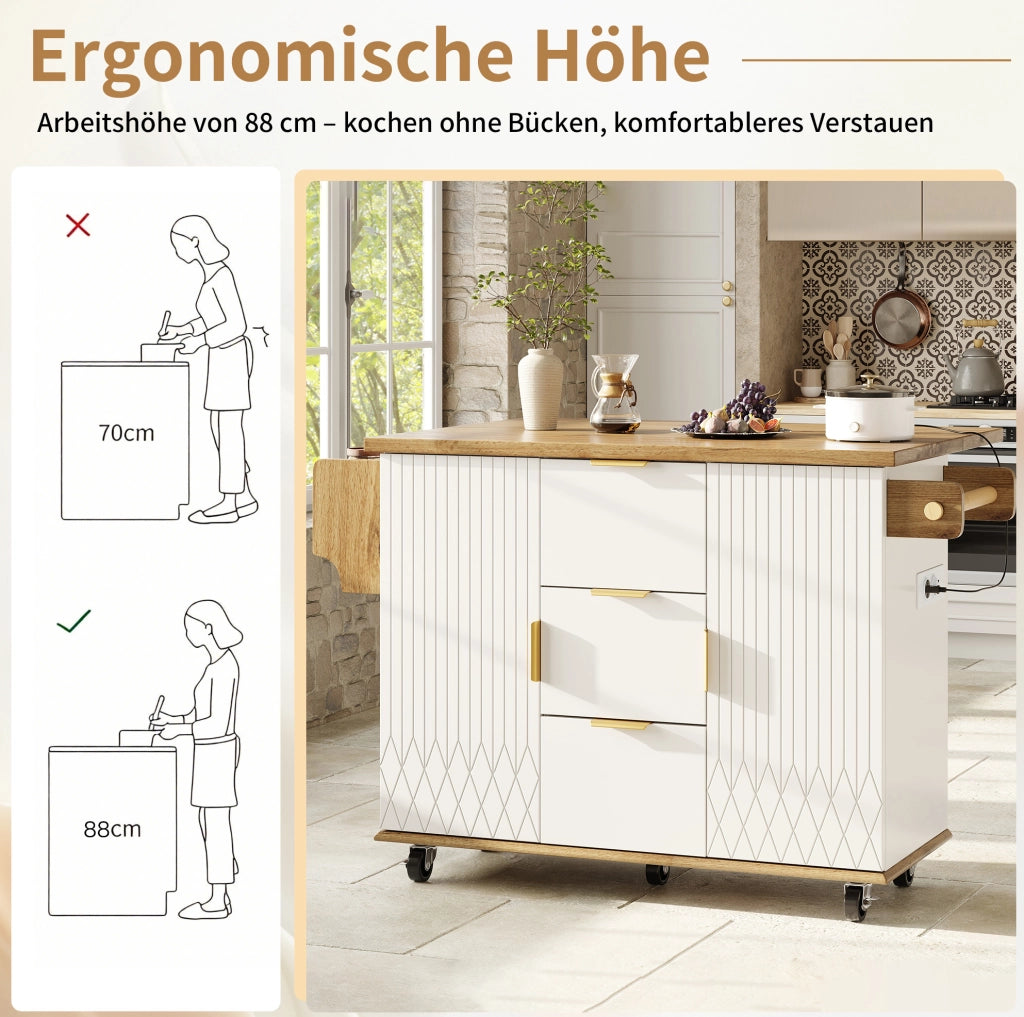 Carrello cucina mobile con piano pieghevole e prese, bianco
