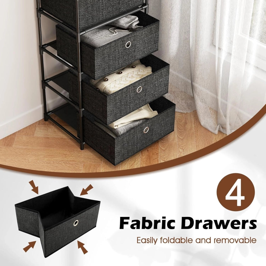 Cassettiera in Tessuto, Comò per Camera da Letto con 3/4 Cassetti Rimovibili e Pieghevoli e Ripiano Aperto, per Soggiorno, Ufficio e Studio, Marrone Rustico e Nero (40 x 30 x 99,5 cm)