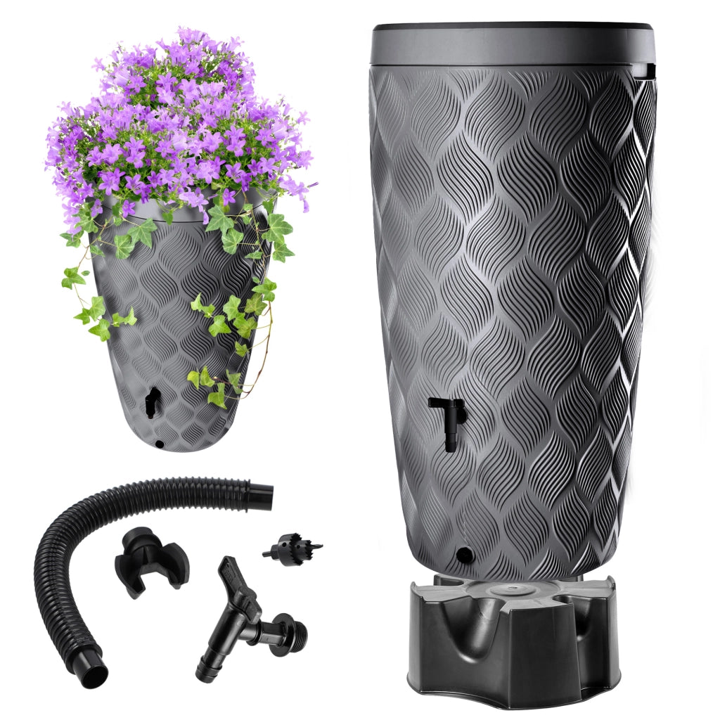 Serbatoio per acqua piovana KADAX, barile da 240 litri, contenitore, vaso da fiori, base per rubinetto, antracite