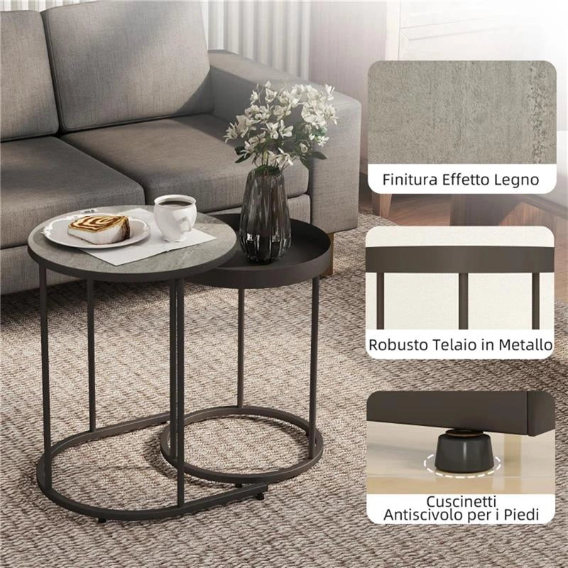 SET 2 TAVOLINI DA SALOTTO IMPILABILI IN STILE INDUSTRIALE, IN LEGNO E METALLO, Ï42X54 CM E Ï36.5X48.5 CM, GRIGIO E NERO