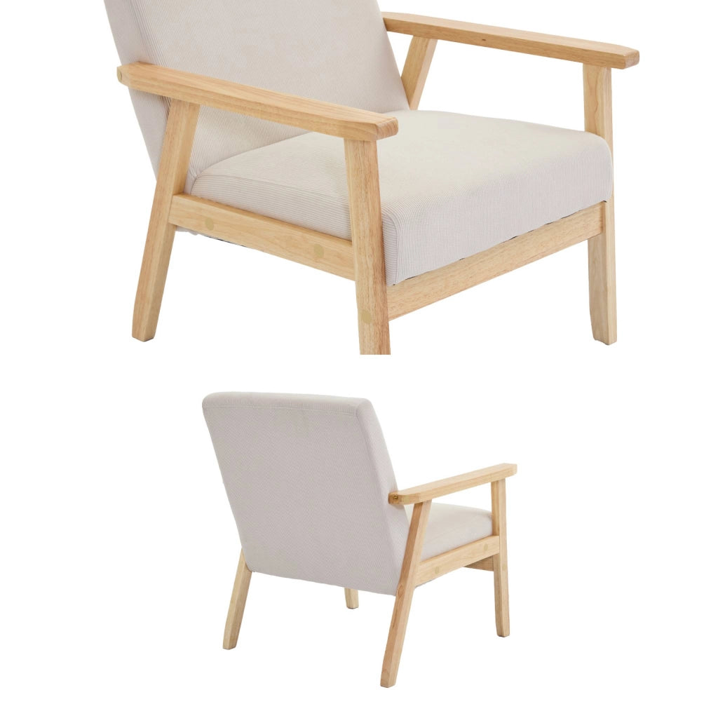 Poltrona scandinava in legno e velluto a coste, crema