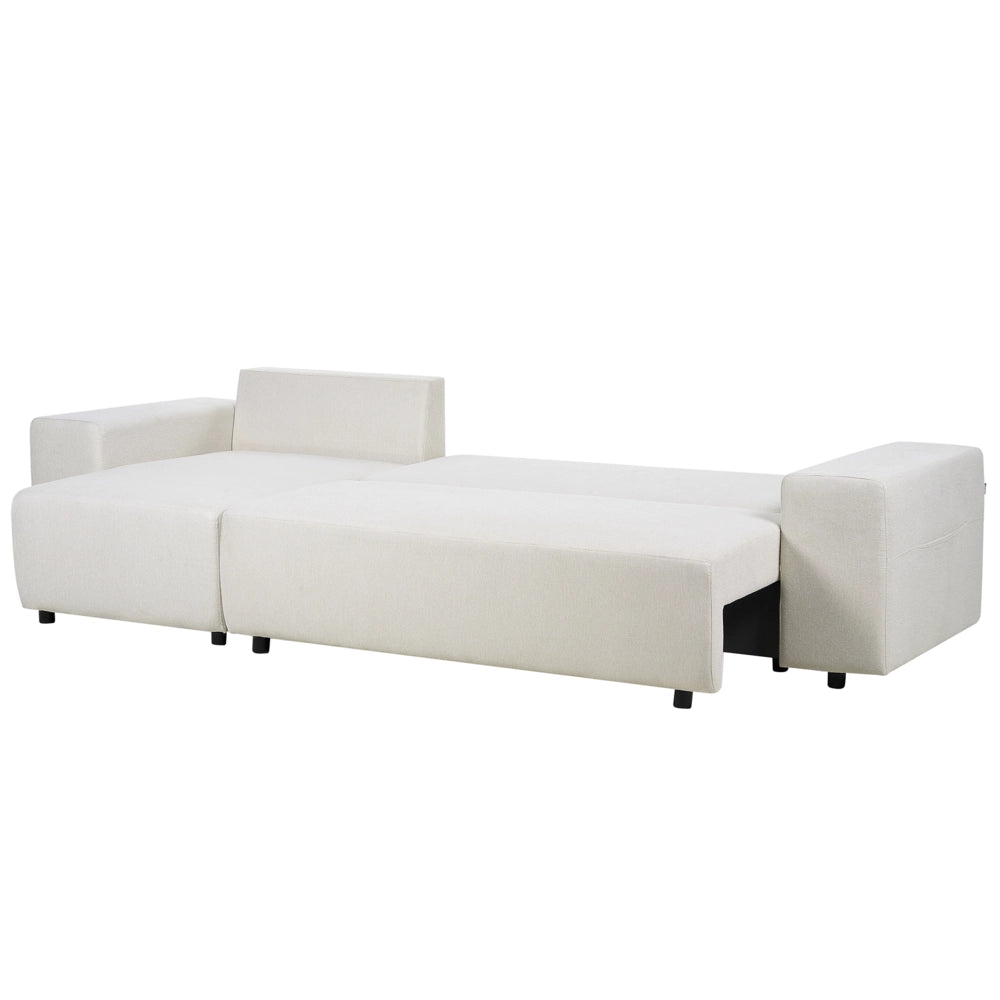 Divano angolare a destra in tessuto beige chiaro a 3 posti con cuscini extra sparsi Soggiorno moderno