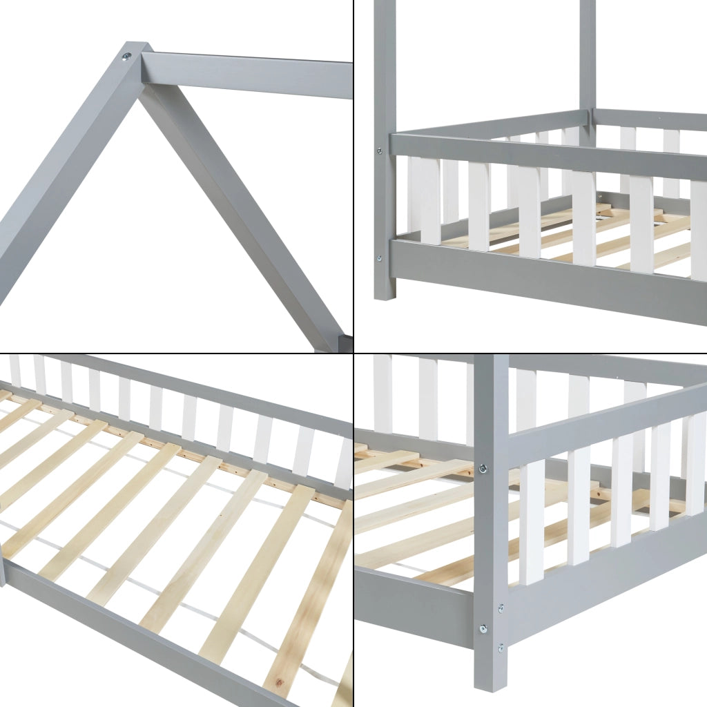 Letto Singolo Hesel per Cameretta a Forma di Casetta 90 x 200 cm Grigio [en.casa]