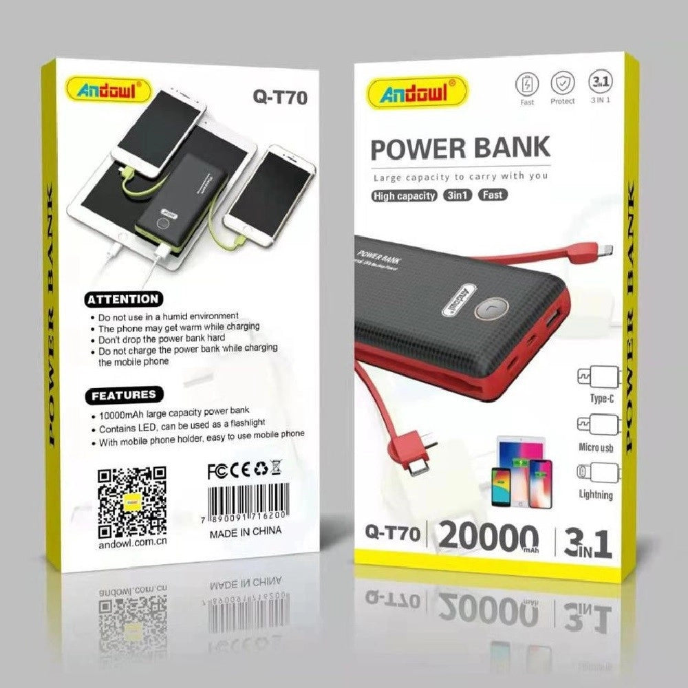 Trade Shop - Power Bank Portatile Q-t70 3in1 20000mah Batteria Mobile Ricarica Rapida Luce Led -