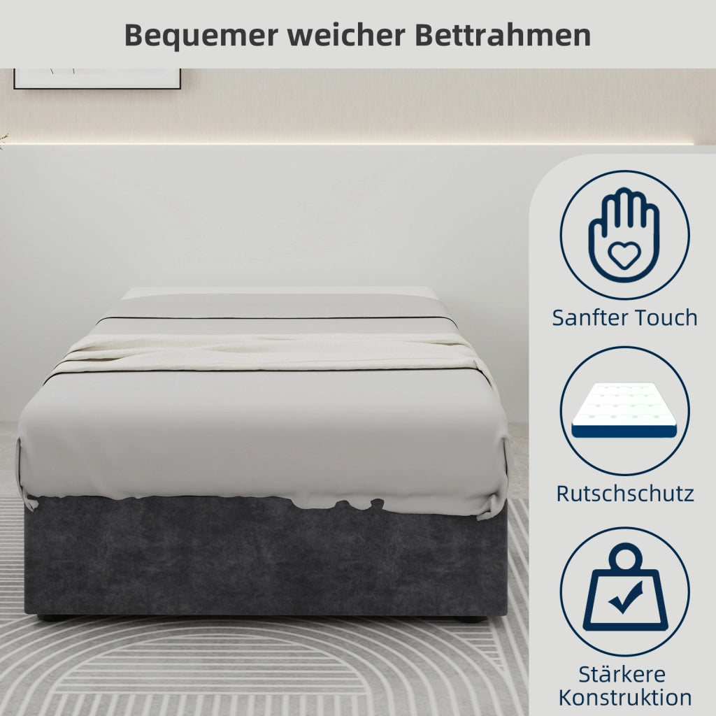 Letto Singolo 90x200 cm con Contenitore e Testiera Cartoon; in Tessuto e Metallo Grigio