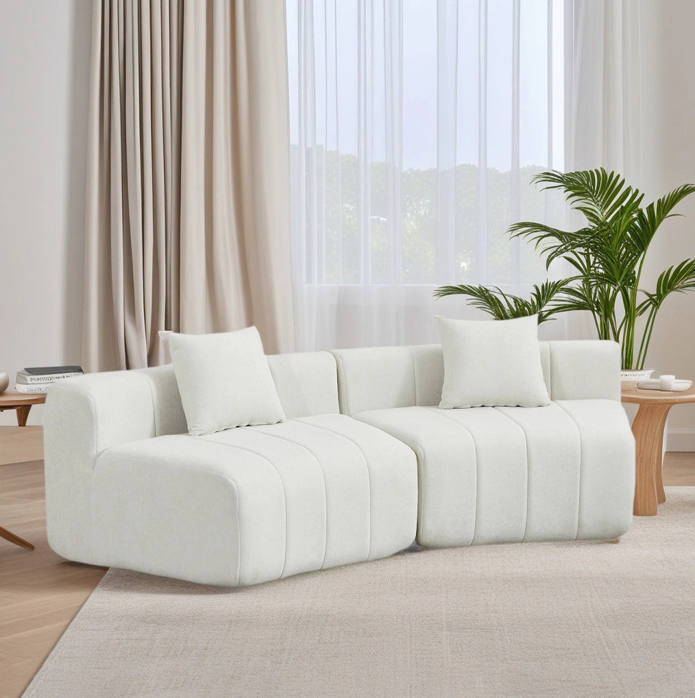 Modulo divano curvo modulare in ciniglia beige con 2 cuscini per seduta confortevole e flessibile