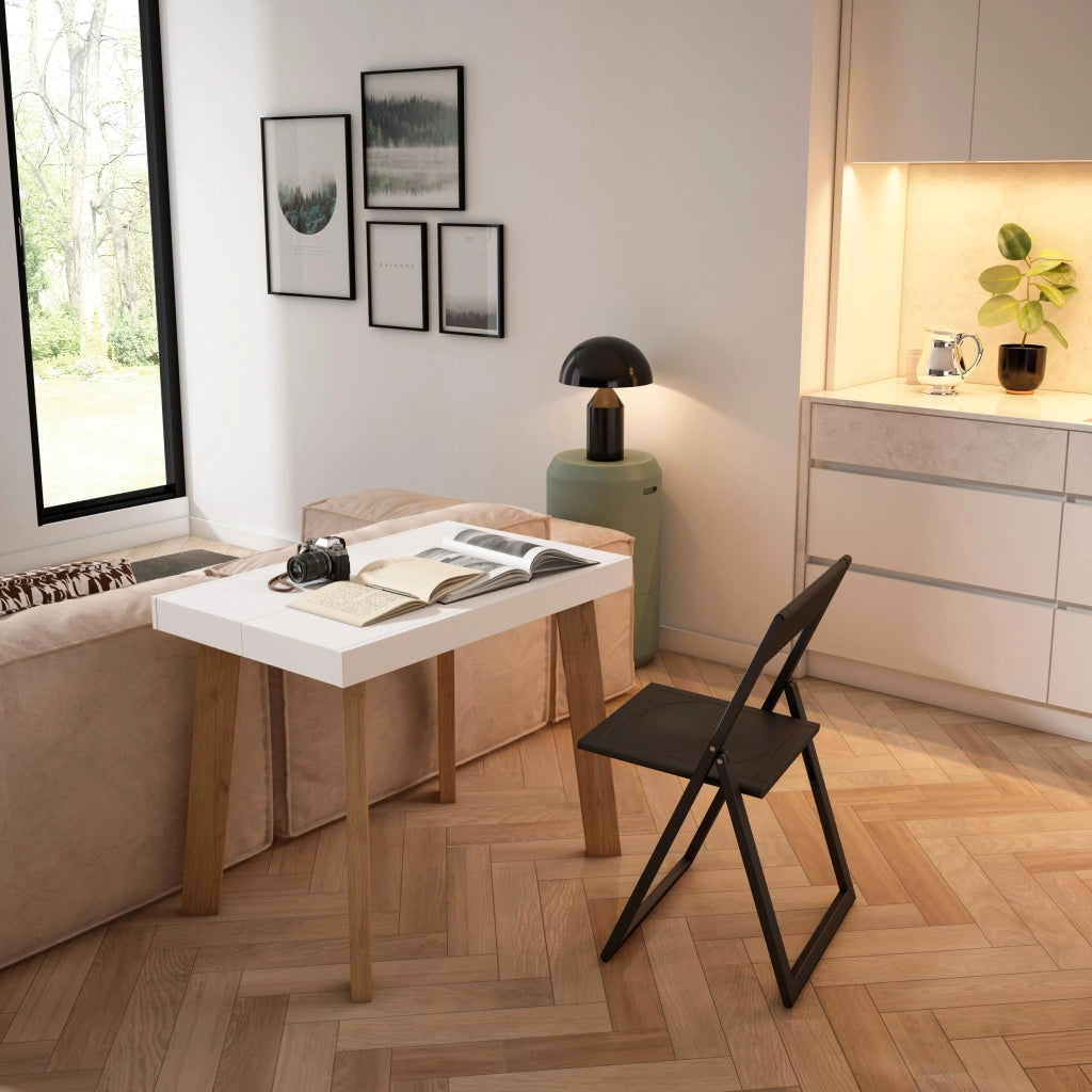 Consolle allungabile, 222x90x73cm, Per 10 persone, Gambe in legno, colore Rovere e bianco RF3059