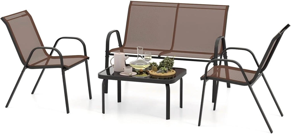 Set di mobili da giardino, 4 pezzi, per 4 persone, set di mobili da giardino, con 2 poltrone, 1 divano e 1 tavolino da caffè, mobili da esterno, per cortile, patio (marrone)