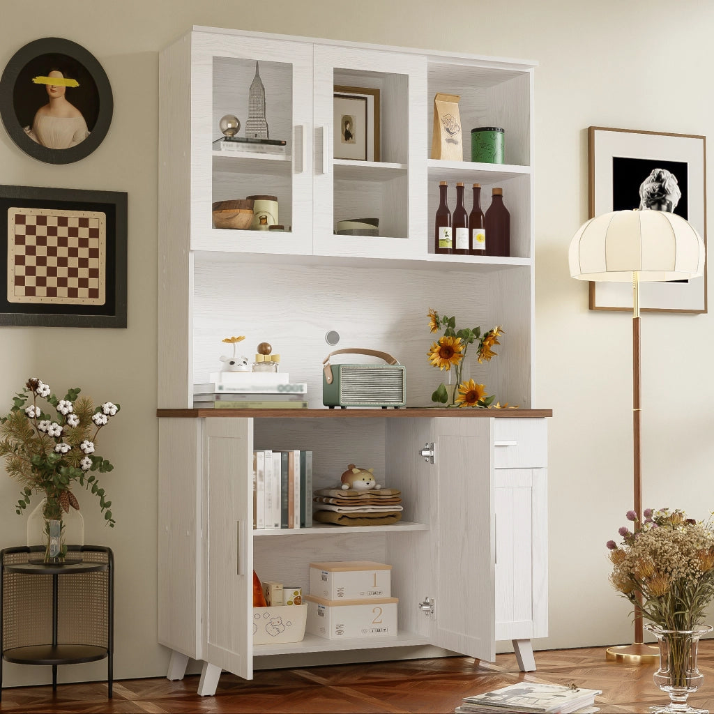 Credenza con 5 Ante 1 Cassetto 2 Vani Aperti e Ante in Vetro per Soggiorno in Pannello 114 x 40 x 190 cm Bianco e Marrone