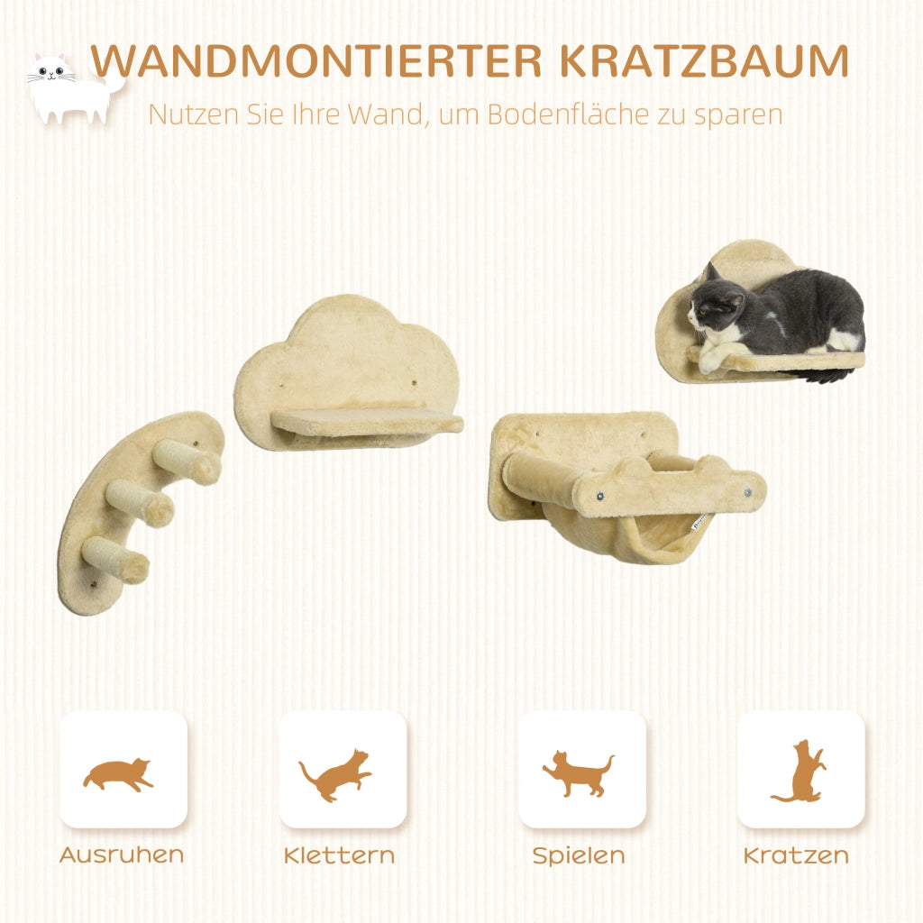 Scaletta per gatti ¨C zephmum ¨C 4 pezzi, 3 gradini, 2 piattaforme, amaca, rivestimento in peluche, beige
