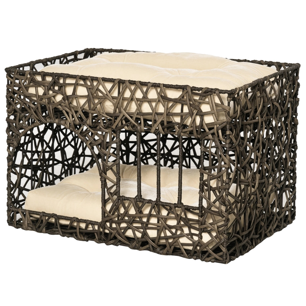 Cuccia per Gatti a 2 Piani ¨C Xylo ¨C Rattan con Cuscini Marrone Scuro 56x41x45cm
