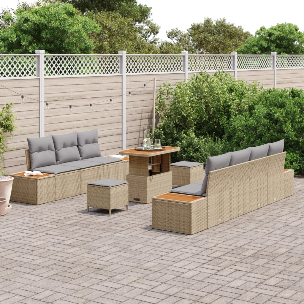 Set Divano da Giardino  con Cuscini da 10 Pezzi Beige in Polyrattan Acacia