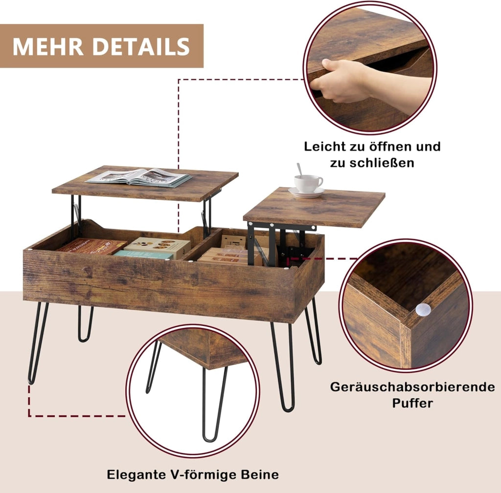 WOLTU Tavolino da Caffè Sollevabile, Tavolino da Divano con Scomparto Nascosto, Tavolino da Salotto Industriale, Tavolino da Soggiorno con Gambe in Metallo, Marrone vintage, BTS14shm