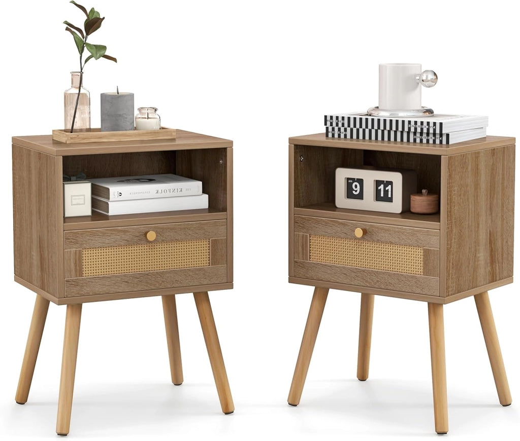 Set di 2 Comodini in Rattan, Comodini con Cassetto e Gmabe in legno, 2 Pezzi Comodini in Stile Boho con Vano Aperto, Tavolino Laterale per Camera da Letto, Soggiorno