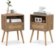 Set di 2 Comodini in Rattan, Comodini con Cassetto e Gmabe in legno, 2 Pezzi Comodini in Stile Boho con Vano Aperto, Tavolino Laterale per Camera da Letto, Soggiorno