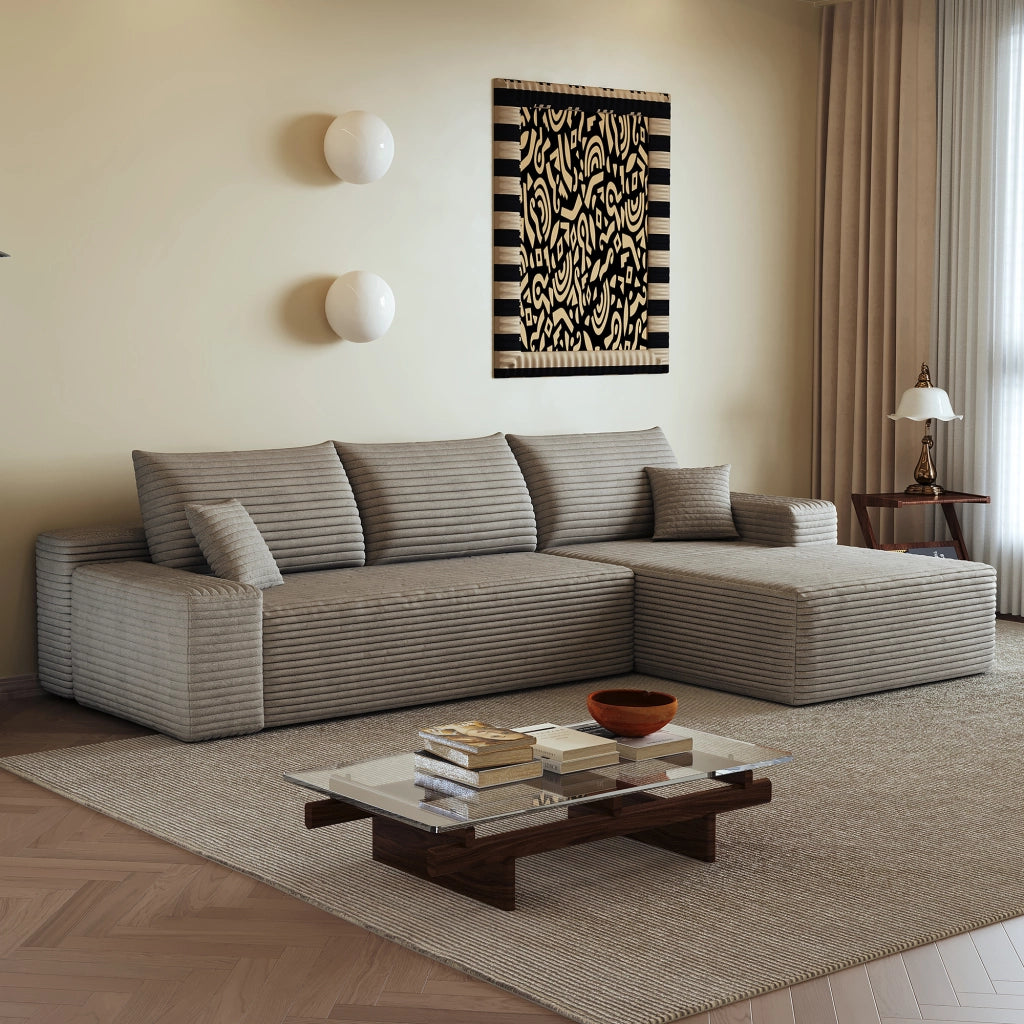 Divano angolare modulare con chaise longue e seduta profonda in tessuto camel