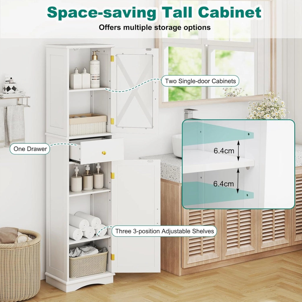 Armadietto da bagno, sottile con 2 ante, 1 cassetto e 3 ripiani regolabili, 40 x 30 x 168 cm, per cucina, soggiorno, bagno, ufficio (bianco)