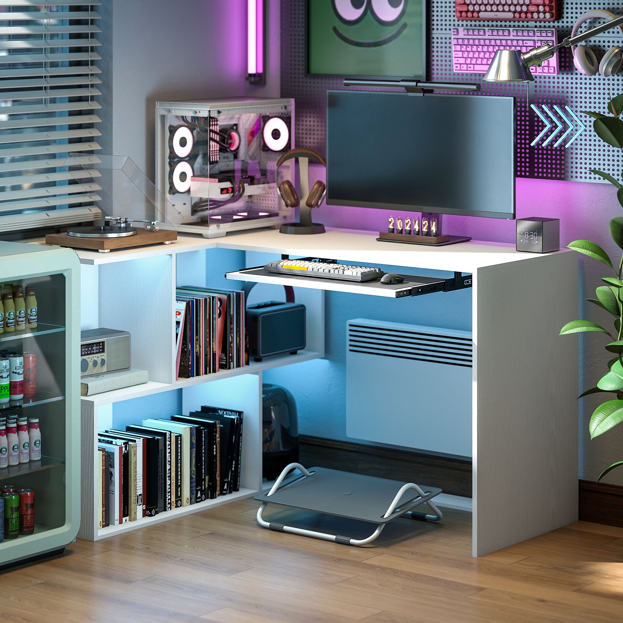 Scrivania Angolare Moderna 120x100x76 cm con Ripiano Scorrevole per Tastiera e Scaffale a 4 Ripiani Bianco