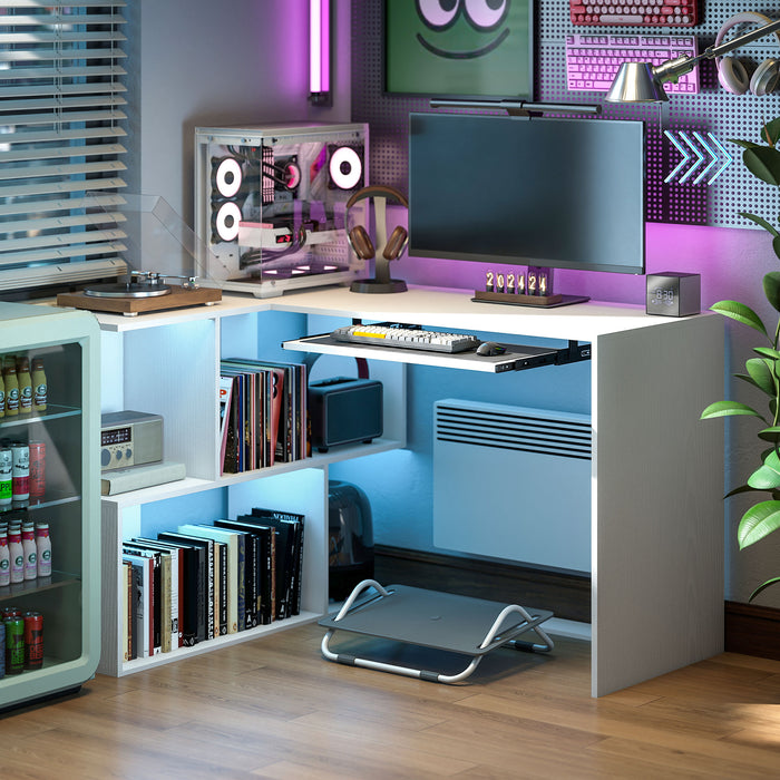 Scrivania Angolare Moderna 120x100x76 cm con Ripiano Scorrevole per Tastiera e Scaffale a 4 Ripiani Bianco