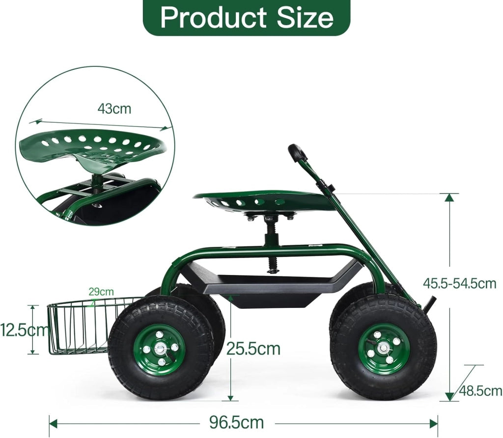 Sedile girevole per giardinaggio, sedile da giardino, girevole a 360°, regolabile in altezza, 45,5-54,5 cm, carrello da giardino con manico estraibile, ripiano e cestino da lavoro, portata 150