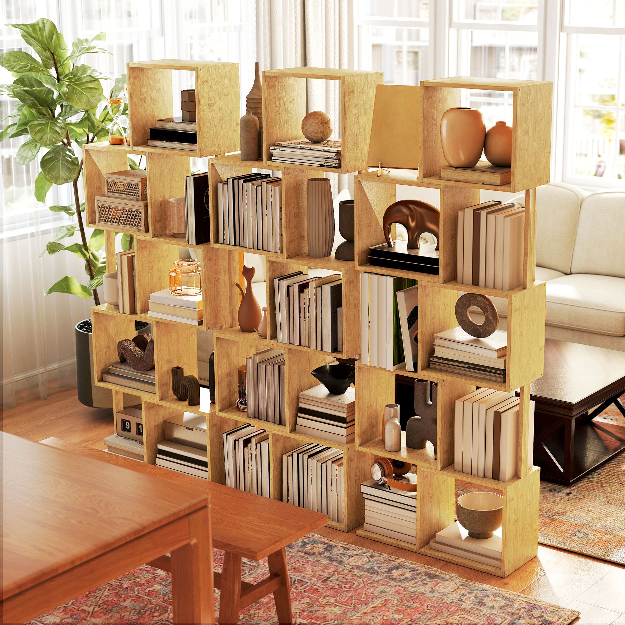 Libreria Moderna Asimmetrica a 5 Livelli 62,5x23x165 cm in Bambù Colore Legno Naturale