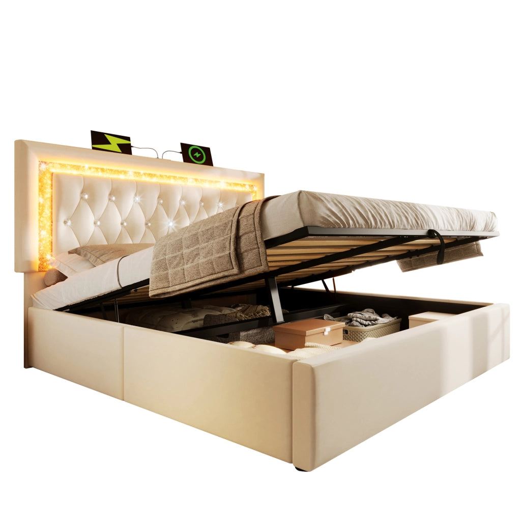 Letto matrimoniale imbottito 160x200 cm in velluto beige con LED; USB; contenitore e materasso