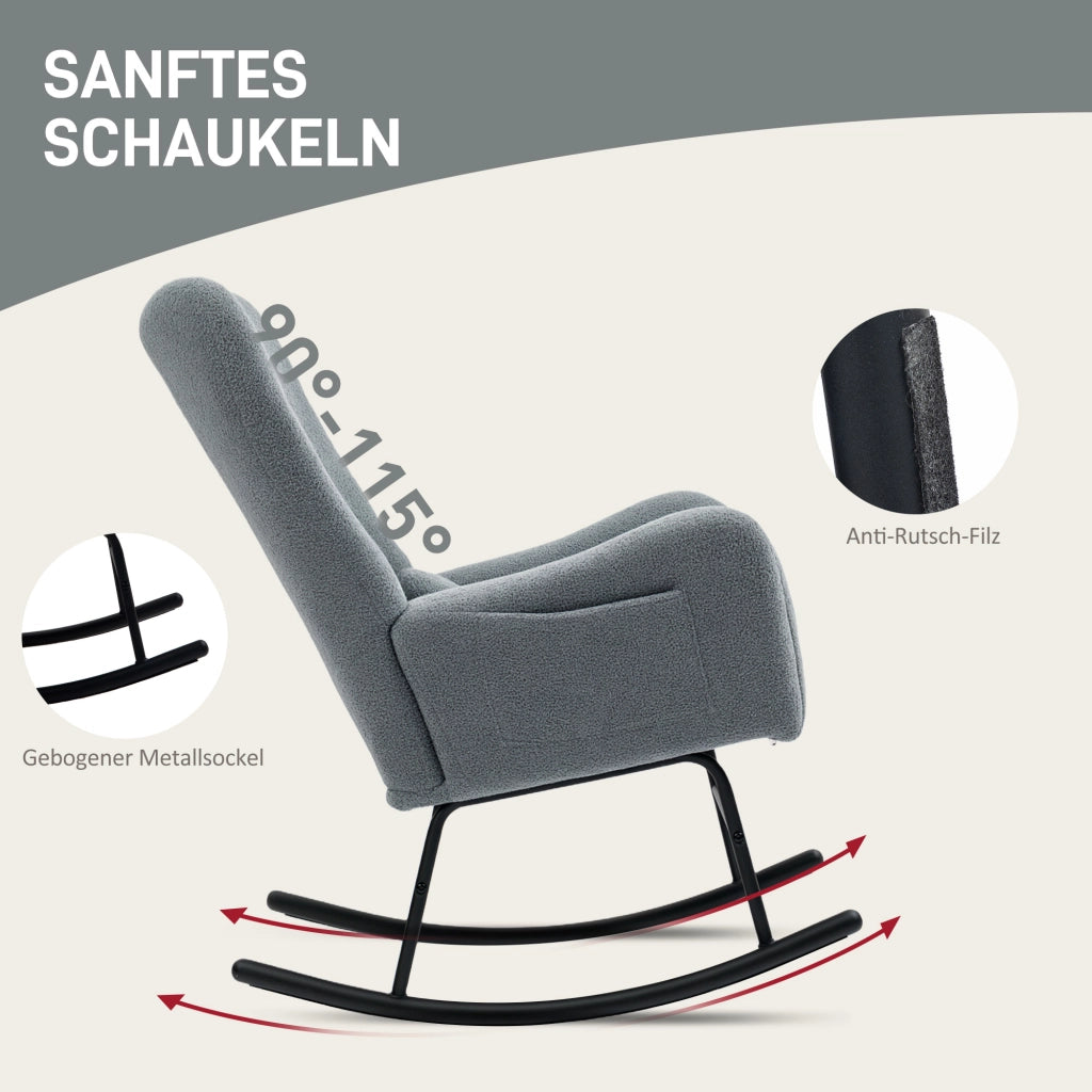 Sedia a dondolo con tasca laterale e struttura in metallo con tessuto teddy grigio per relax quotidiano 67 × 95 × 100 cm