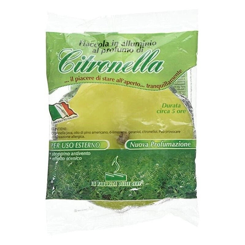 CANDELA ALLA CITRONELLA IN CONFEZIONE DI ALLUMINIO PER USO ESTERNO DURATA 5 ORE 110GR 14CM