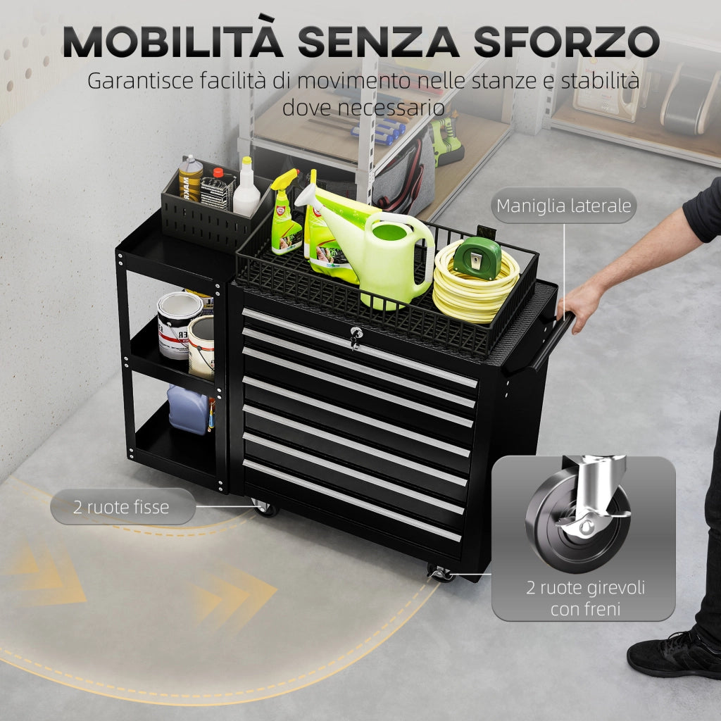 Carrello Portautensili 96x33,5x75 cm con 7 Cassetti Mensola Laterale Staccabile Ruote Capacità 120kg in Acciaio Nero