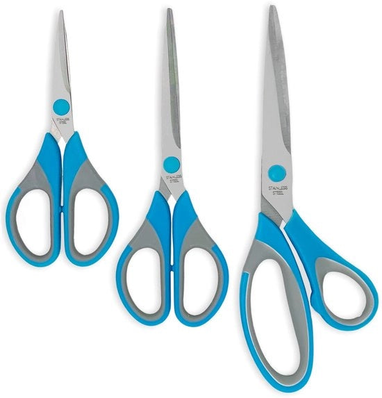 Set di forbici da taglio per carta, cartone e stoffa - 3 pezzi - Lama in acciaio inossidabile - Manico morbido - Dimensioni: 21,5 cm / 18 cm / 14,5 cm - Adatto per entrambe le mani - Taglierino per carta, cartone e stoffa