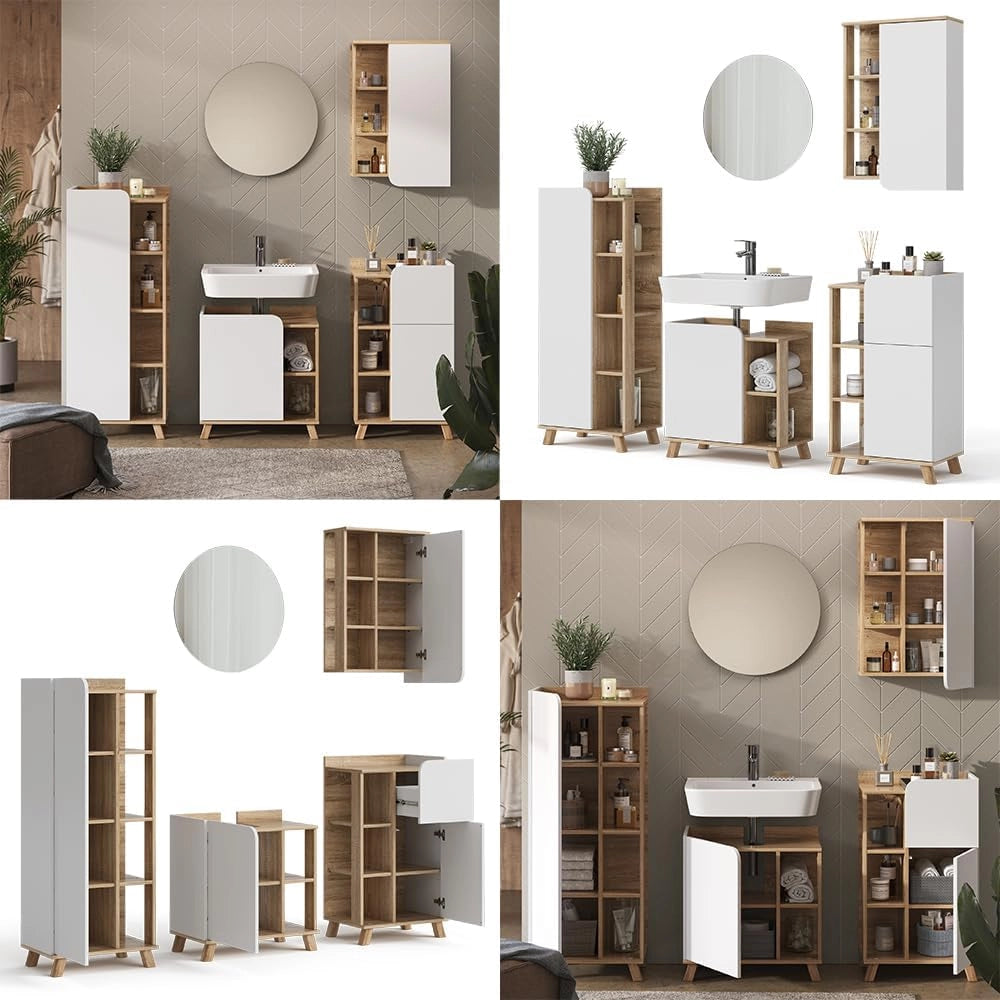 Set di mobili da bagno Karen, Sonoma/Bianco, 60 cm, composto da mobile lavabo, specchiera, armadietto, colonna e pensile