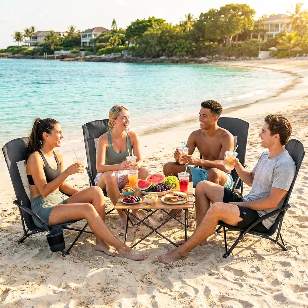Sedia da spiaggia pieghevole, set da 2 pezzi, schienale alto, sedia da campeggio, sedia da spiaggia bassa con borsa per il trasporto, supporto per bevande, tessuto a rete traspirante, per