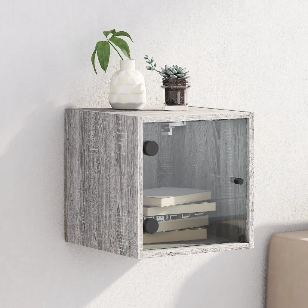 Comodino con Anta in Vetro-Tavolino da notte Grigio Sonoma 35x37x35 cm