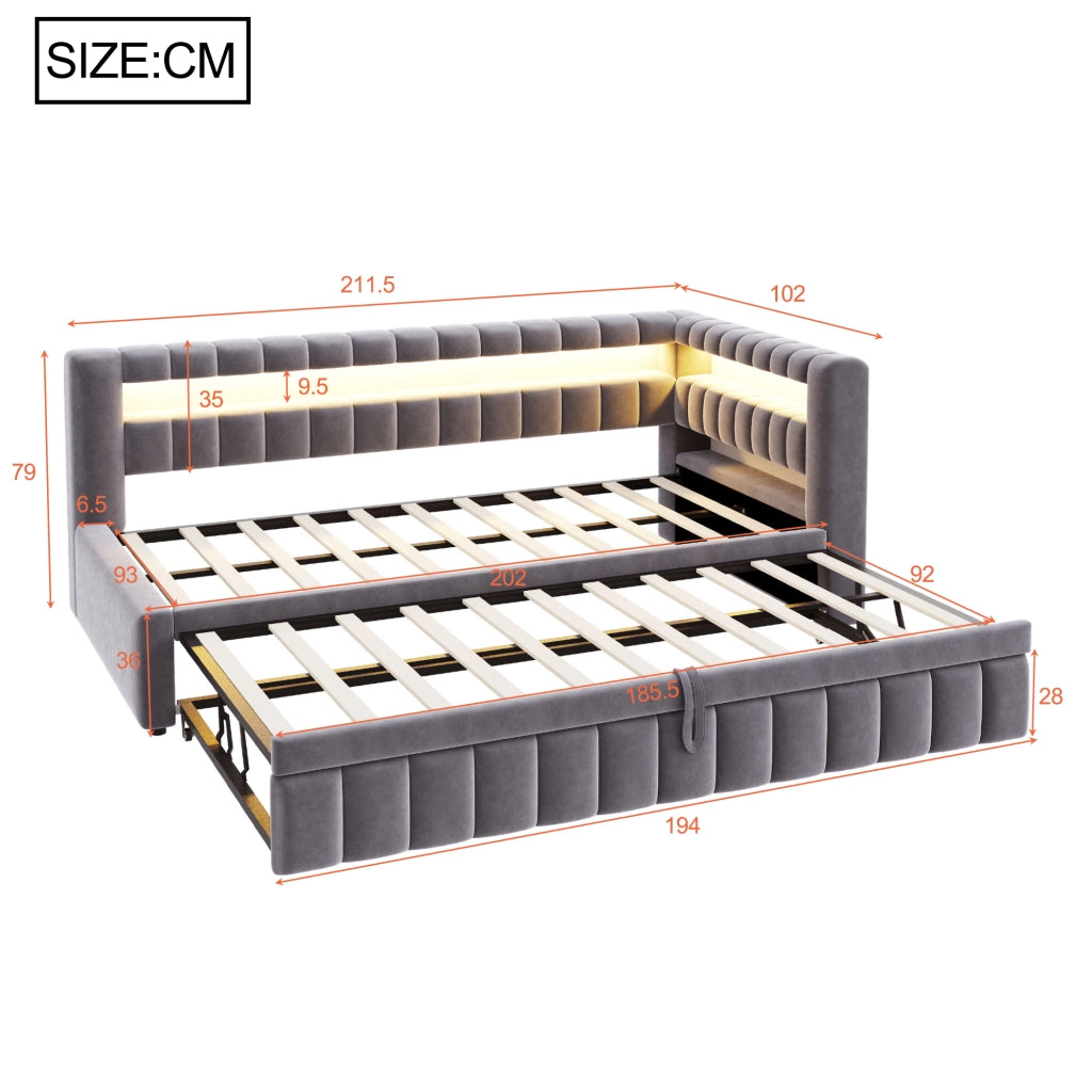 Letto estraibile 90 × 200 cm con illuminazione LED, ripiani, USB e Type-C, senza materasso, grigio