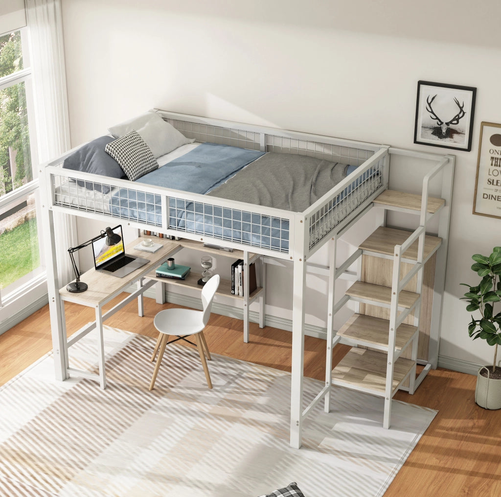 Letto a soppalco 140x200 cm con scrivania; scaffali e armadio in MDF e metallo bianco