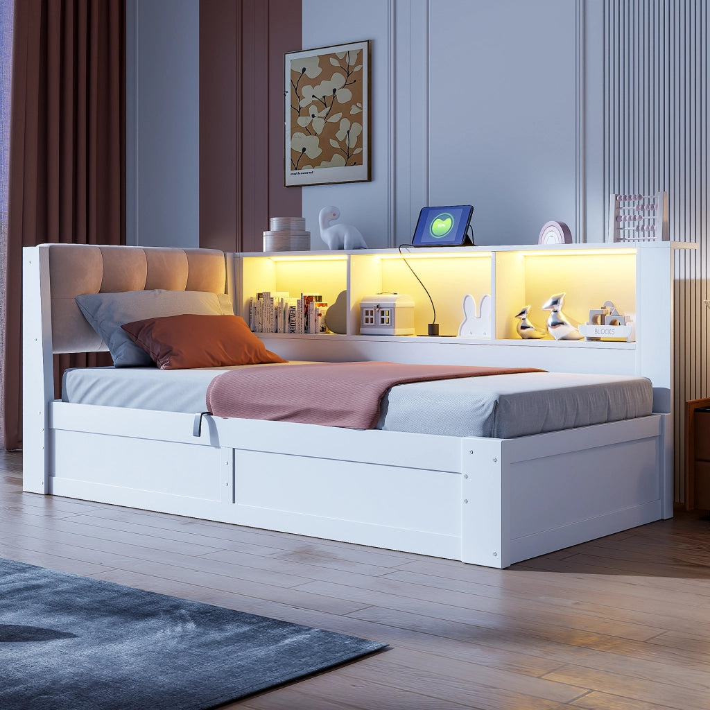 Letto divanetto singolo con contenitore; scaffale; USB e LED regolabile 90 × 200 cm; senza materasso