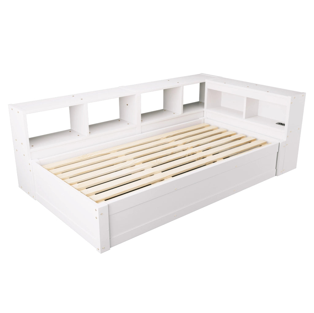 Letto multifunzione 90x200 cm in MDF bianco con presa integrata; luci LED e contenitore