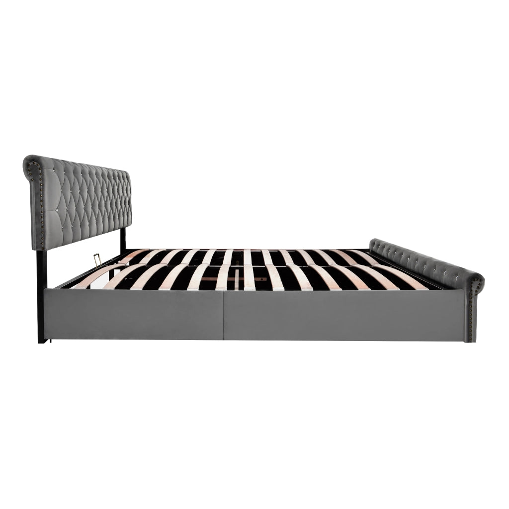 Letto imbottito 160x200 cm in velluto grigio con contenitore e testiera regolabile